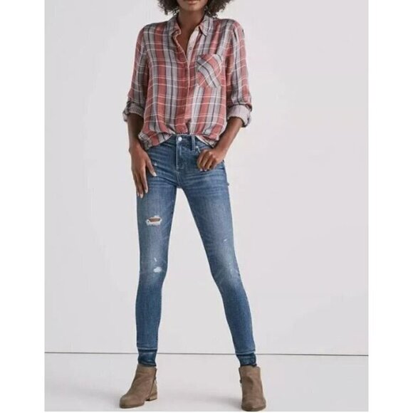 Lucky Brand Top Womens Medium Red Gray Plaid Button Up Long Sleeve Boho Comfy - Picture 1 of 11